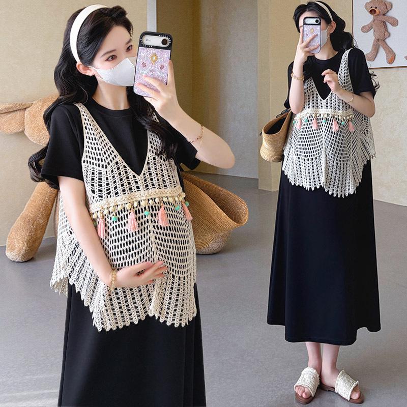 

Maternity Summer Tassel Vest & Layered Mid-Length Dress Two-Piece Set Large