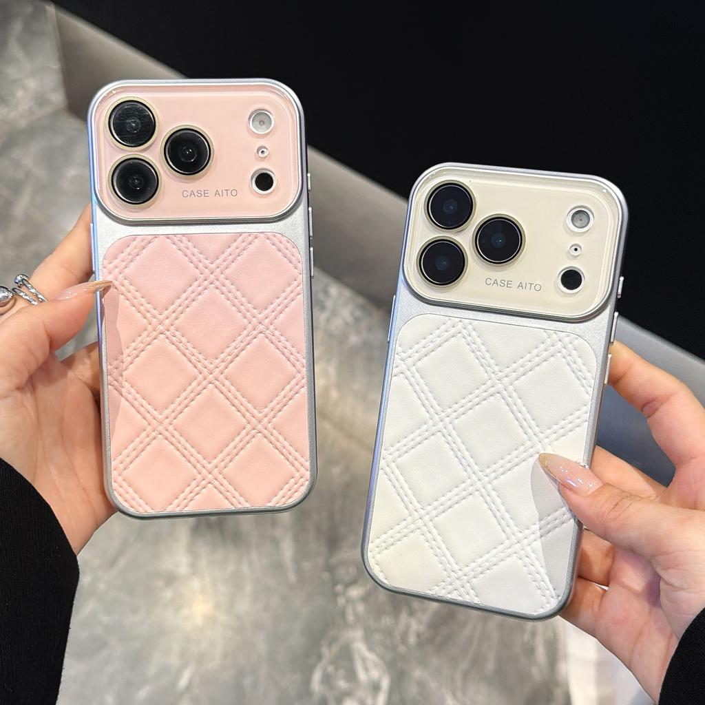 Large Window Diamond Grid PU Leather Phone Case for iPhone 13 17 ProMax 16 15 14 Pro Max Glass Lens Protecti Cover Funda