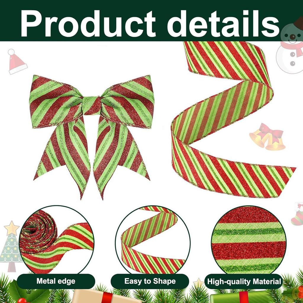 Christmas Red And Green Striped Glitter Ribbon, Christmas Wrapping Decoration, Suitable For Family Party DIY Craft Bow, 2.5 Inch