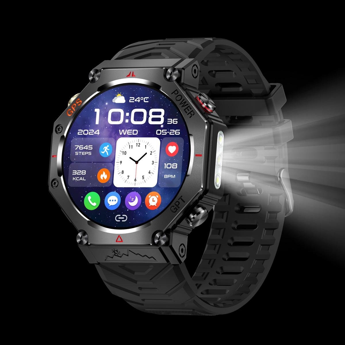 KC91 GPS Outdoor Sport Smart Watch Touch Screen Flashlight 3 ATM Waterproof 1.35inch IPS Display Magnetic 5-10 Days Battery Life KC91 чёрный