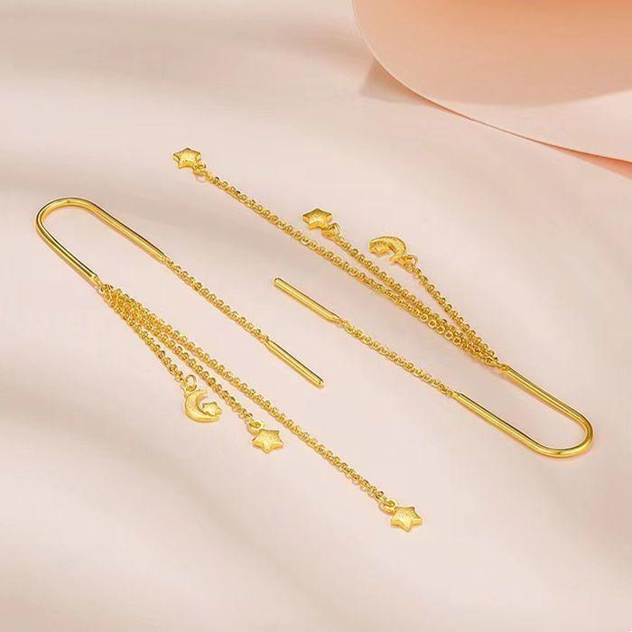 Authentic Vietnamese Gold Star & Moon Tassel Earrings - Hypoallergenic Gift for Her Starry Dots