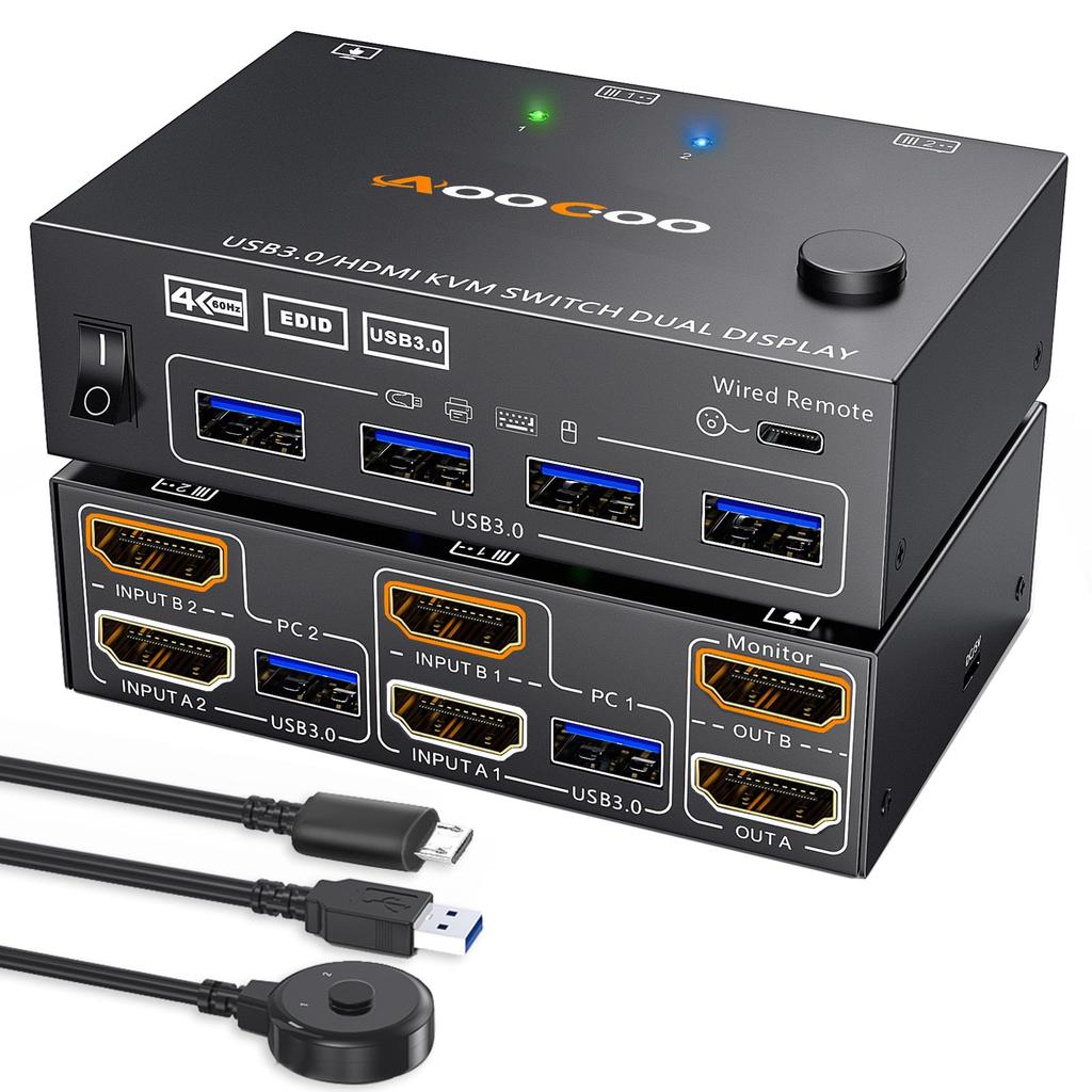 KVM Switch Dual Monitor 2 Port Simulated HDMI USB Switch Extended Display 2 Monitors 2 High System Compatibility with HDMI and USB Cables and Wired