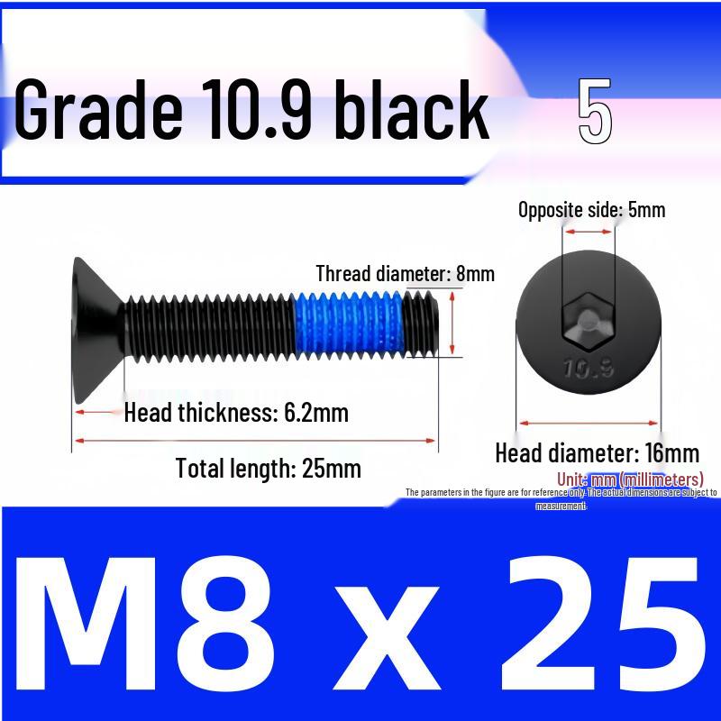 Black Anti-Slip Flat Cup Screw with Adhesive Blue Glue, Countersunk Hexagon Socket, Available in M2-M8 Sizes
