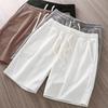 Men Shorts Drawstring Waist Waffle Fabric Solid Color Casual Shorts with Pockets Wide