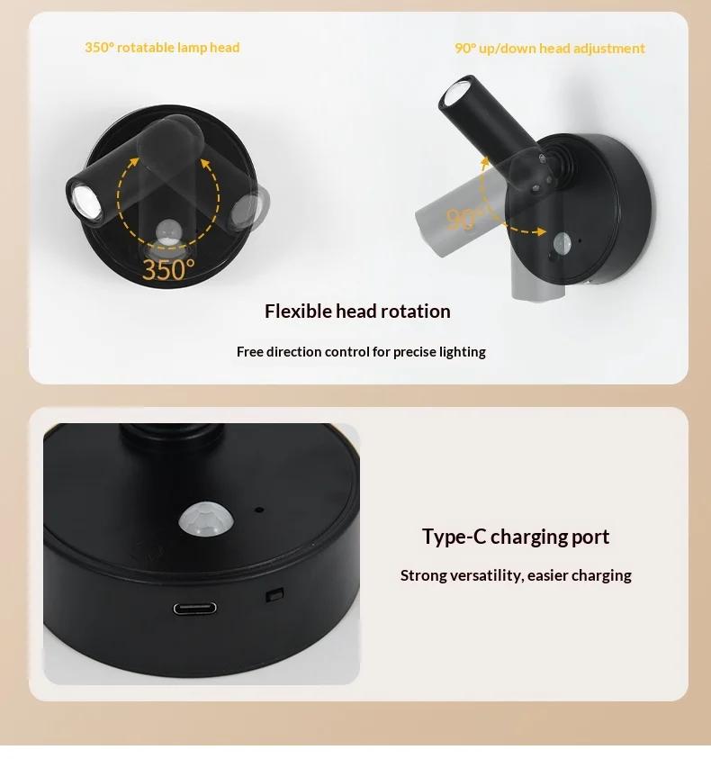 Magnetic Base USB Rechargeable LED Cordless Wall Light with Touch Switch Black White Magnet Dimmable Bedside Lamp for Reading