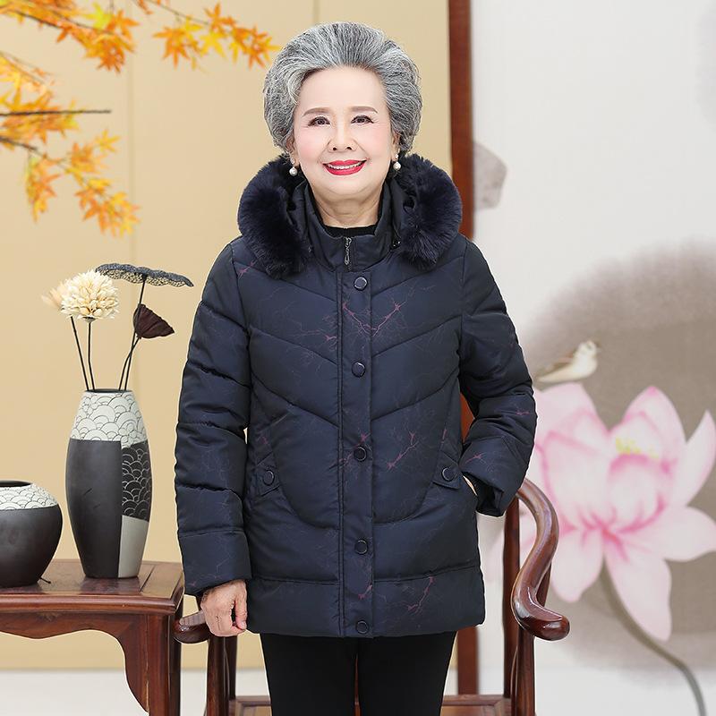 Mittelalte Mutter Parkas Kapuze Bedruckt Gepolstert Damen Jacke Winter Verdicken Warm Oma Daunen Baumwollmantel