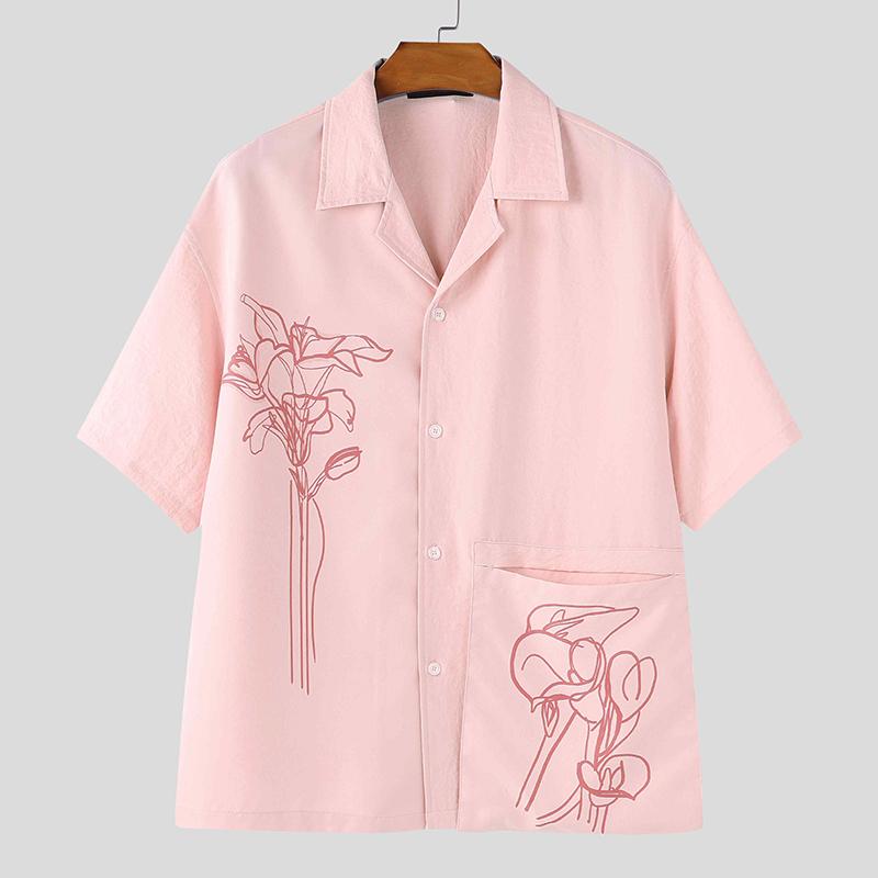 INCERUN Oversized Men Lapel Neck Short Sleeve Buttons Print Casual Shirts