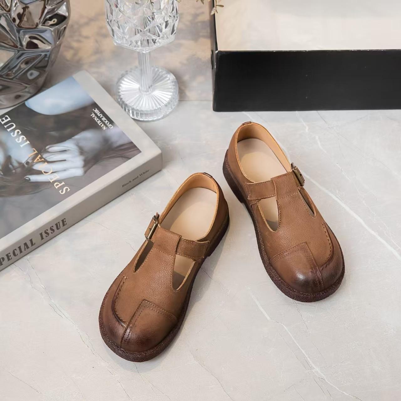 

Spring leather flat bottom shallow mouth mother single shoes women s first layer cowhide new beef tendon soft sole retro leather shoes 40 хакі