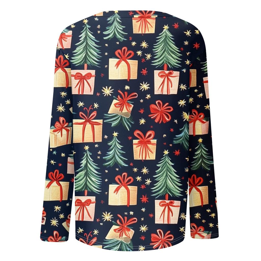 Women's Fashion Round Neck Pullover Plunging Sleeve Tee Christmas Printed Top