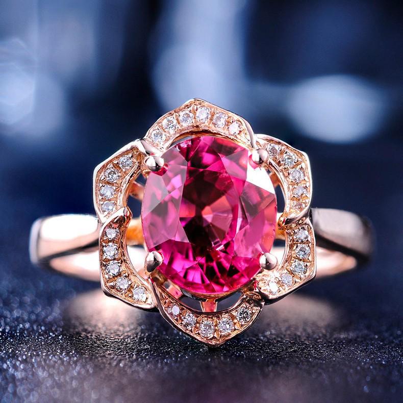 Elegant Red Tourmaline Gemstone Ring: Natural Red Tourmaline with Diamond Cluster in 18K Rose Gold Plated Floral Design