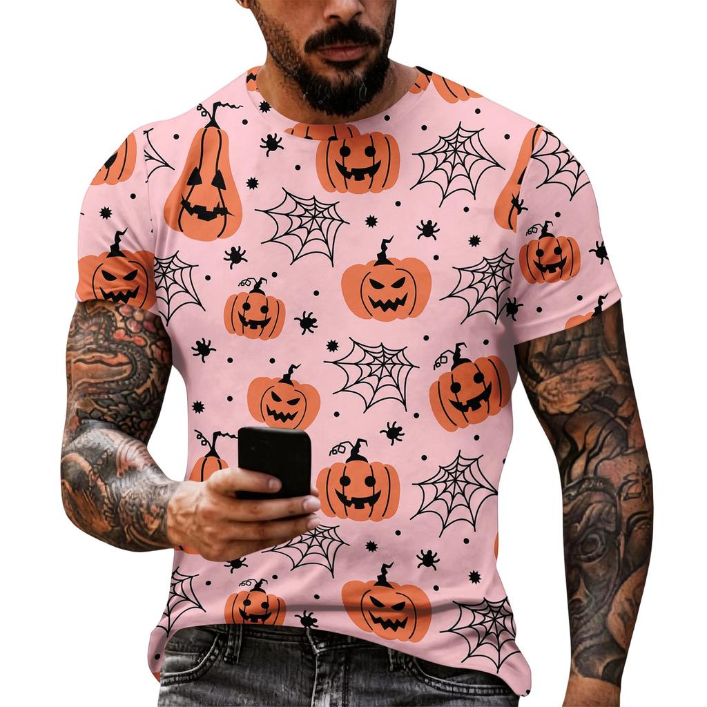 Women Halloween Short Sleeve T Shirt Round Neck Pumpkin Web Print Casual Lightweight Top S XL