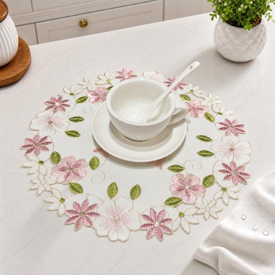 Embroidered Flower Placemat, Round Floral Coaster Placemat, Heat Resistant Table Protector Mat for Dining Table Cup Vase Wedding Party Decoration