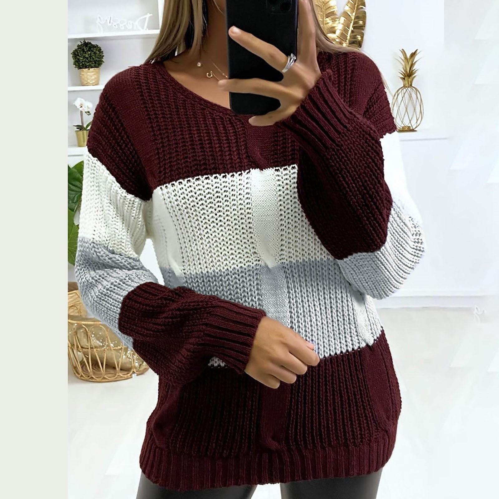 

Женский повседневный свободный вязаный свитер с длинными рукавами и V-образным вырезом S винный