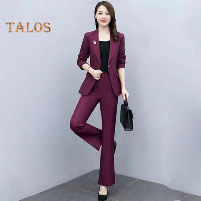 2 Pcs/Set Lady Formal Coat Pants Set Turn-down Collar Long Sleeves Suit Jacket Slim Fit Pure Color Flared Trousers Daily Wear Commuting Outfit Office
