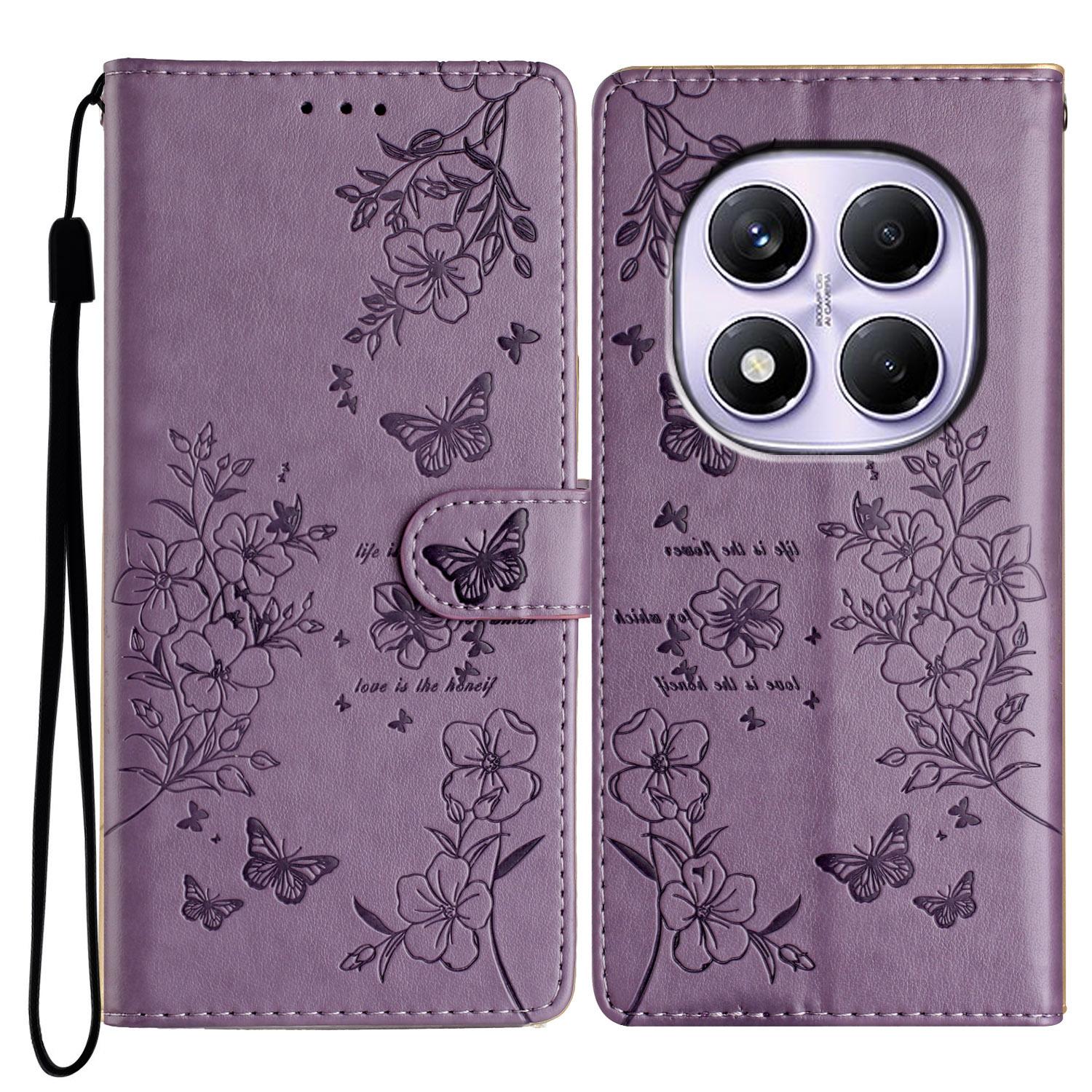 

Для Xiaomi Redmi Note 14 Pro 4G Кошелек Чехол для телефона Кожаный чехол-книжка с ремешком с тиснением в виде бабочек и цветов Purple