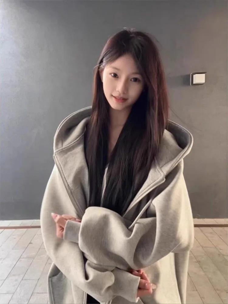 Women's American Style Fleece-Lined Hoodie - Silver Fox Zipper Jacket for Autumn/Winter