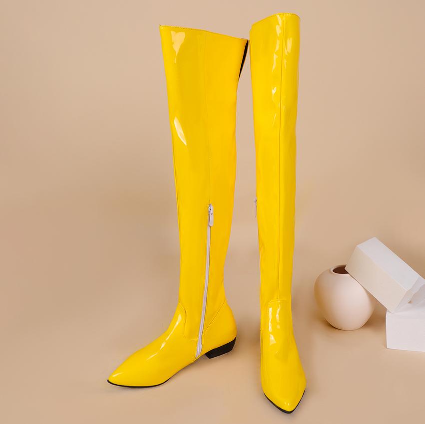 Женские ботфорты выше колена широкое голенище размеры 3448 конфетный цвет массивный низкий каблук заостренный носок лакированная кожа удобные ботинки обувь на молнии 48 жёлтый 5698₽