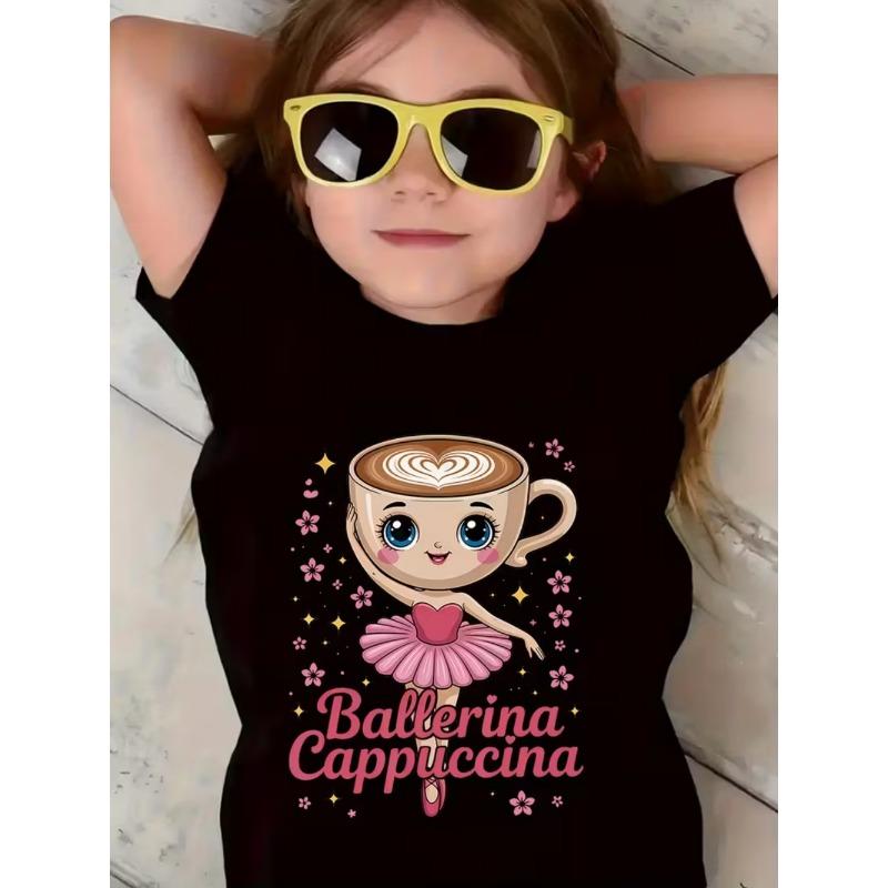 Ballerina Cappuccina Girls T-Shirt Italian Brainrot Funny Child T-Shirts Summer Fashion Short Sleeve Tops for Kids Cute Clothing