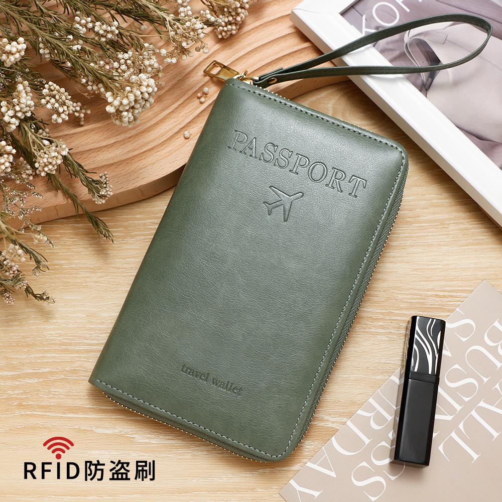 Men Women RFID Blocking Leather Passport Holder Travel Wallet Zip Around Passport Cover Document Organizer with Card Slots Wrist Strap