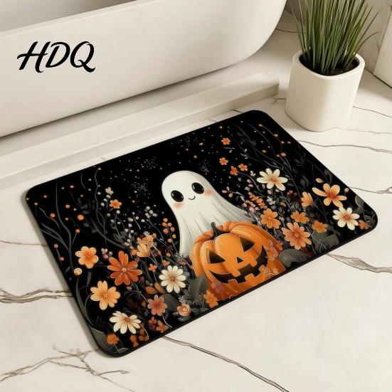 Absorbent Bathroom Rug Halloween Bath Mat Pumpkin Ghost Bat Pattern Rug Living Room Carpet Machine Washable Non-Slip Gothic Area for Entrance