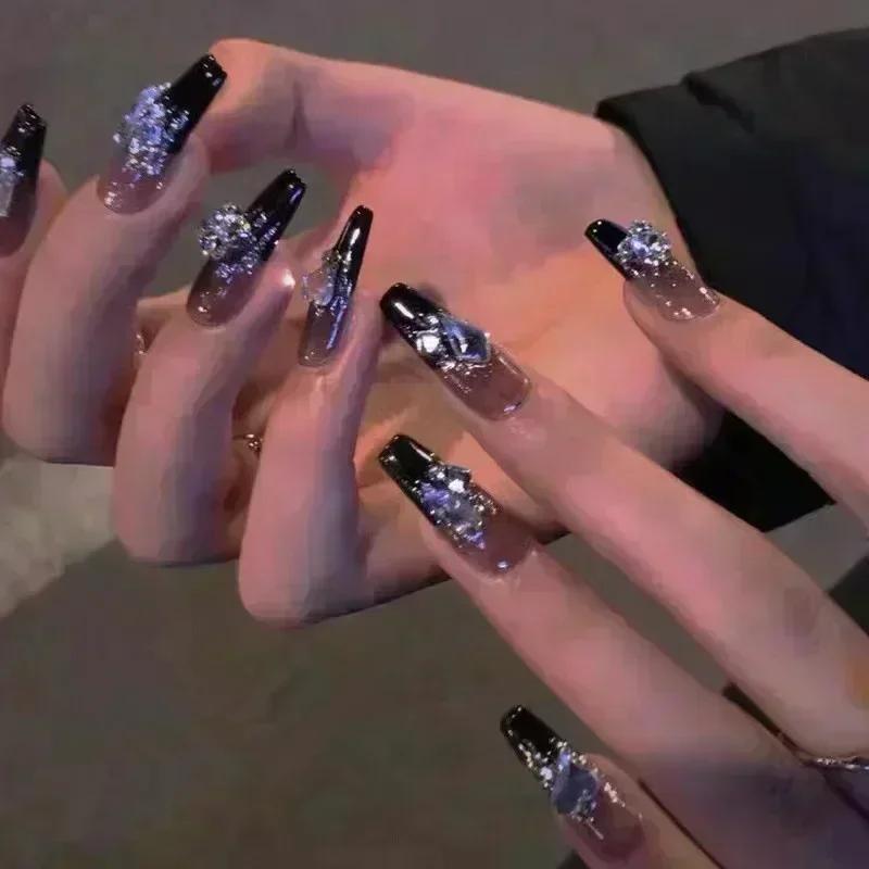 24Pcs French Gradient Ballet Press On Nails Black Heart Rhinestone Glitter Full Cover Fake Nail Tips