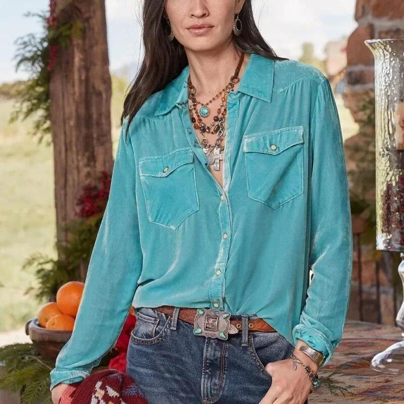 Vintage Velvet Office Casual Blouse Women Fashion Loose Long Sleeve Elegant Shirts Women Clothes Autumn Buttons Lady Tops 30089