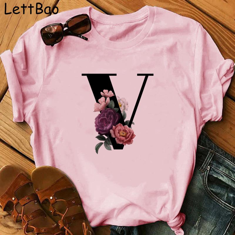 Elegant Vouge Flower Letter Print Women T Sihrt Fashion Comfortable Casaul T Shirt For Women Female