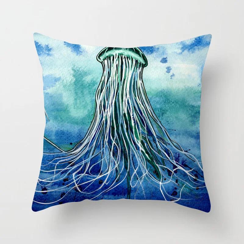 Watercolor Ocean Theme Pillowcase Starfish Octopus Mermaid Crab Cushion Cover Home Sofa Bedroom Decoration  Ornament