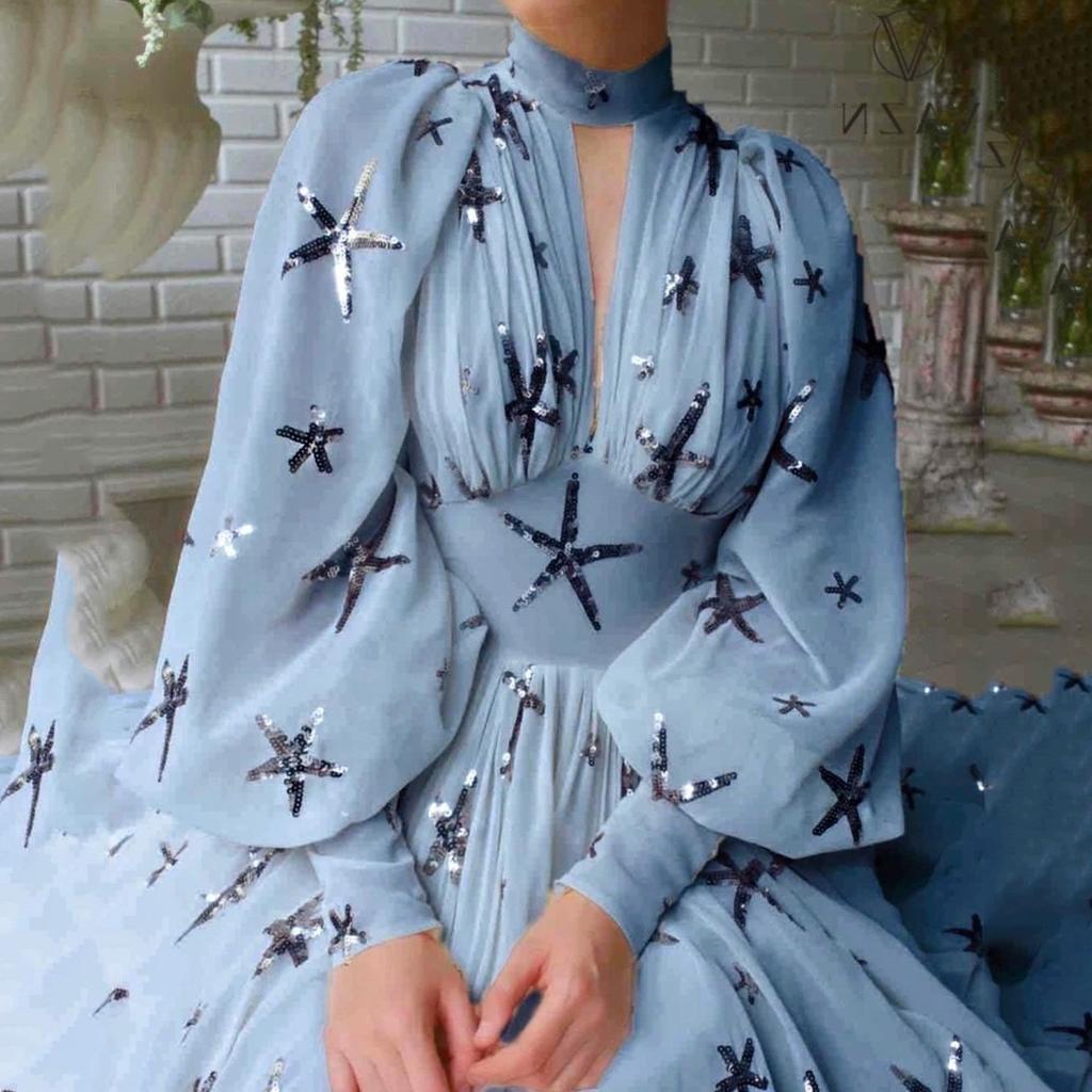 YX2025 new multi-color mass stock semi-turtleneck sequin slit lantern sleeve big pendulum dress chiffon dress