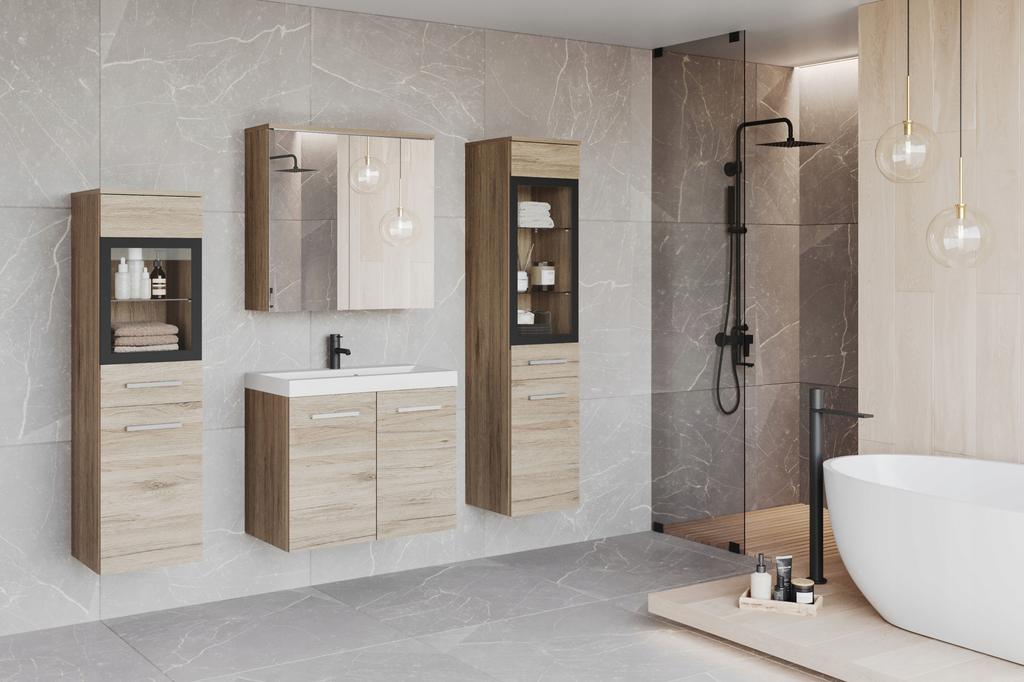 Wall-hung matte bathroom set with washbasin, columns and San Remo mirror