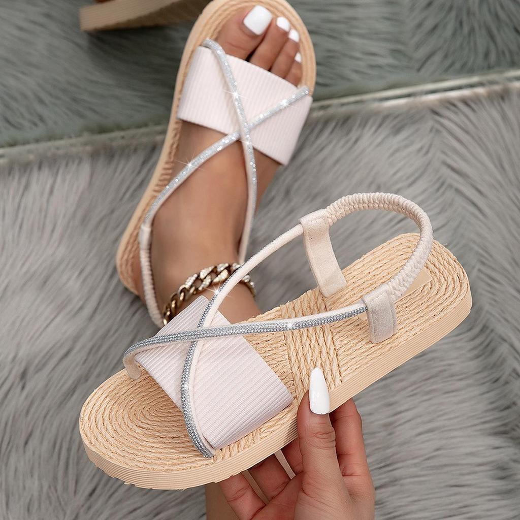 Women's Striped Suede Cross-Strap Flat Sandals with Faux Hemp Rope Sole.