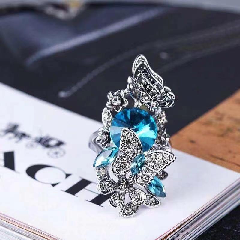 Trendy Ink Blue Pearl Butterfly Crystal Women's Ring For Engagement Wedding Copper Accessories Rings Wholesale