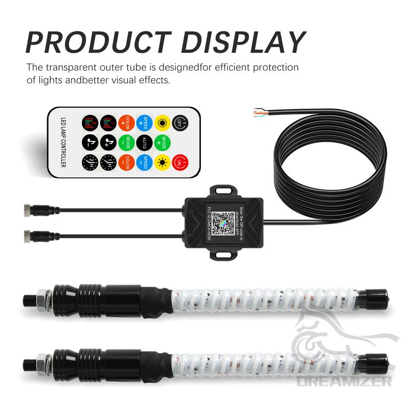 2PCS 1FT COB LED Whip Lights Remote Control Flagpole Antenna Whips for UTV ATV Off Road Truck Sand Buggy Dune RZR