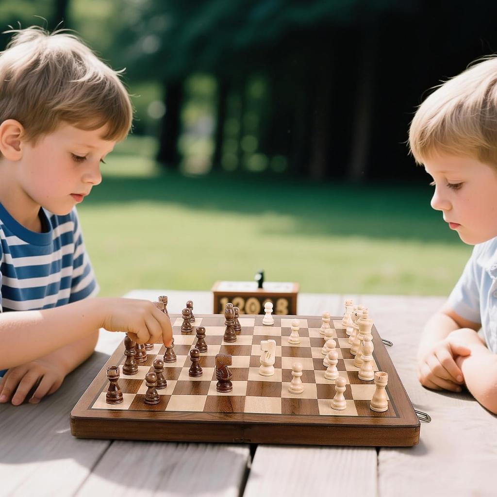 Magnetic Wooden Chess Set with 2 Extra Queens, 15'' Folding Travel Chessboard, Storage Slots, for Adults & Kids Ages 6+, DUR-001