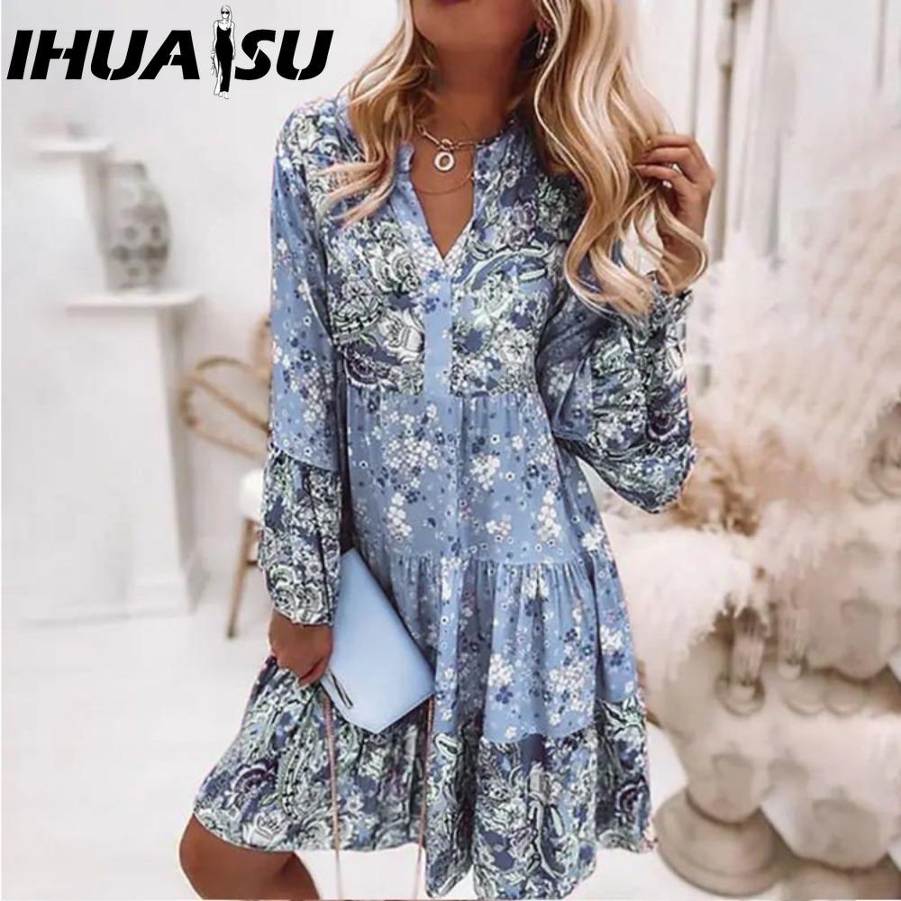 

IHUASU Женская мода богемный цветочный принт V-образный вырез мини платья повседневные свободные элегантные дамы пляжная вечеринка расклешенные рукава платье L синий