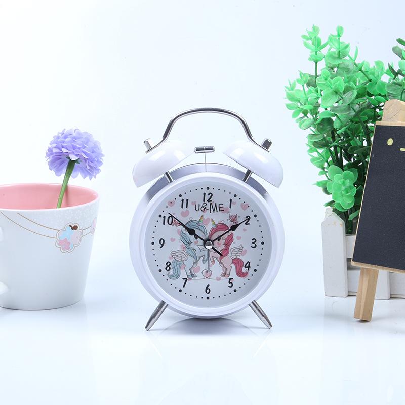 Metal spray paint cartoon bell alarm clock creative children primary school bedside night light double bell fashion alarm clock face