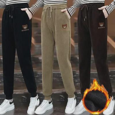 Women's Autumn/Winter Bear Embroidered Corduroy Harem Pants with Velvet, Slim Fit, Elastic Waist, and Cuffed Hem.