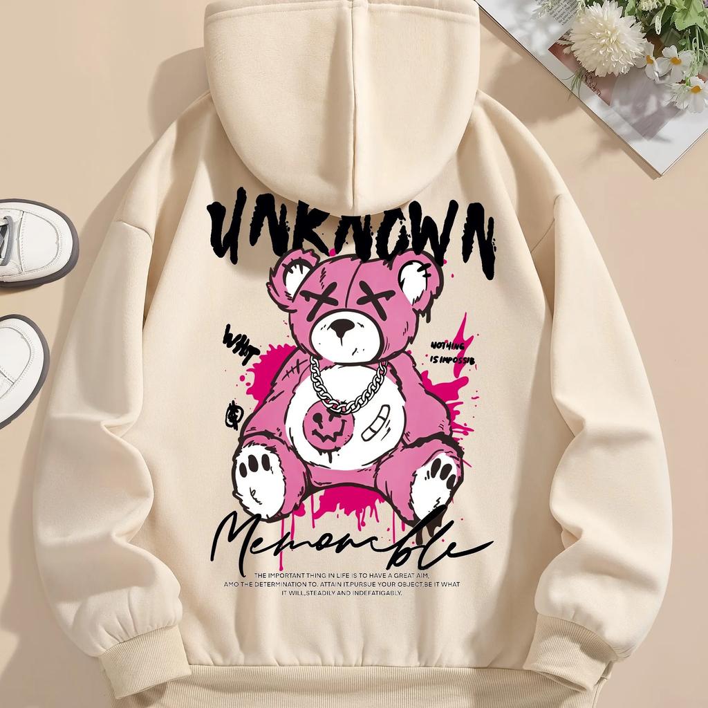 For men's autumn and winter 2025 a casual long-sleeved hoodie with a pocket bear print cartoon cuffs and a hood
