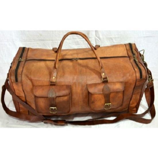 Large Brown Vintage Genuine Leather Goat Hide Travel Luggage Duffle Gym Bags