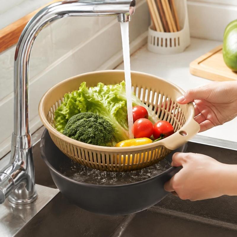 Fruit Washing Colander Bowl Set, Removable Drain Basket and Outer Bowl for Rinsing Produce, Legumes and Rice at Sink