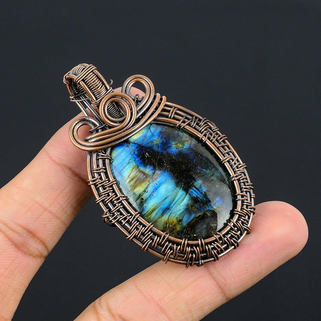 Labradorite Pendant, Handmade Gemstone 999 Copper Wire Wrapped Pendant Antique Jewelry, For Gift Silver Jewelry