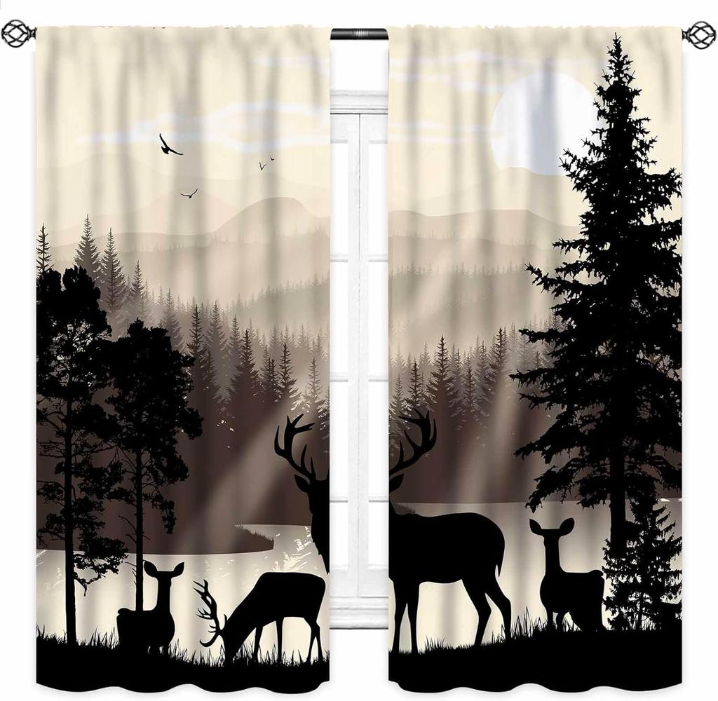Rustic Deer Curtains,Farmhouse Cabin Lodge Country Forest Hunting Wild Animal Vintage Elk Window Treatments Drapes for Bedroom