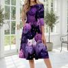 Women's Halloween Print Three-Quarter Sleeve Round Neck Midi Dress for Casual and Stylish Fall Outfits