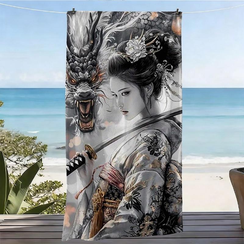 

Japanese Geisha Beach Towel, Samurai Warrior with Dragon, Traditional Kimono Art, Quick Dry Microfiber, Sand Free, Unique Gift W40*H60(CM)