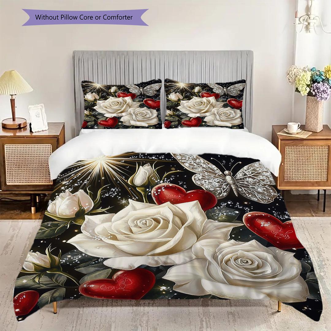 

Red and White Roses Pattern Bedding Quilt Set Quilt Cover Pillowcase Home Decoration Birthday Gift (1 * duvet cover + 2 * pillowcase, without core) 135x200cm