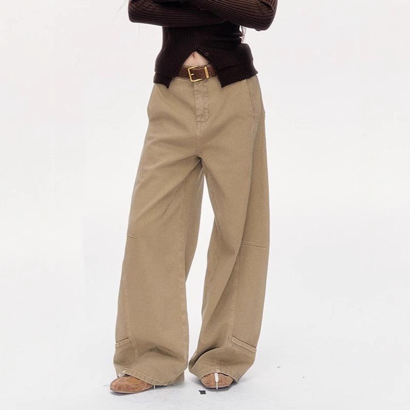 

Unisex Khaki Retro Curved Leg Jeans - Early Spring Loose Wide-Leg Design M