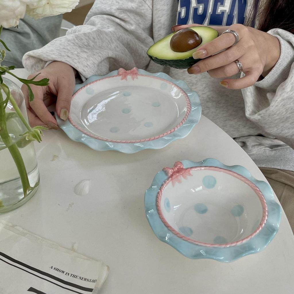 Korean Cute Bow Lace Ceramic Plate & Rice Bowl Set for Desserts and Cakes