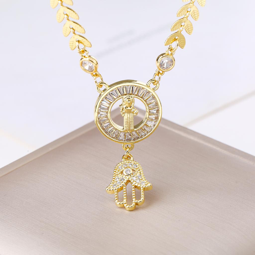 Our Lady of Guadalupe Hamsa Hand Stainless Steel Chain Necklace Gold Plated Zircon Religious Zircon for Women Charm Amulet Gift