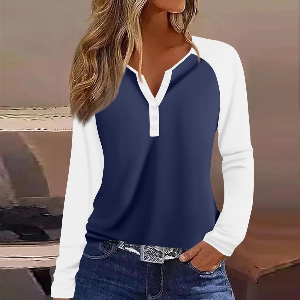 Women's T Shirt Color Block Button Long Sleeve Daily Weekend Fashion Basic V- Neck Regular Top