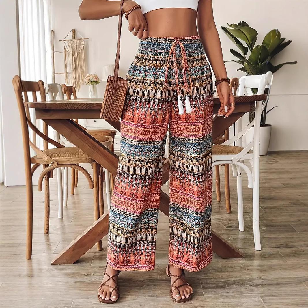 2026 cross-border Amazon bohemian print women s casual high-waisted elastic trousers S розовый